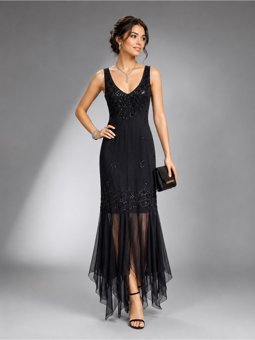 Elegant Black Beaded V-Neck Evening Dress